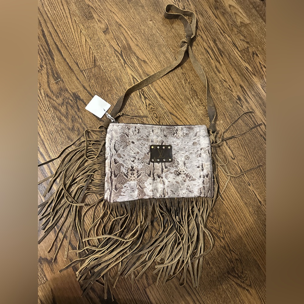 Boutique Brown Fringe Shoulder Bag with LV patch
